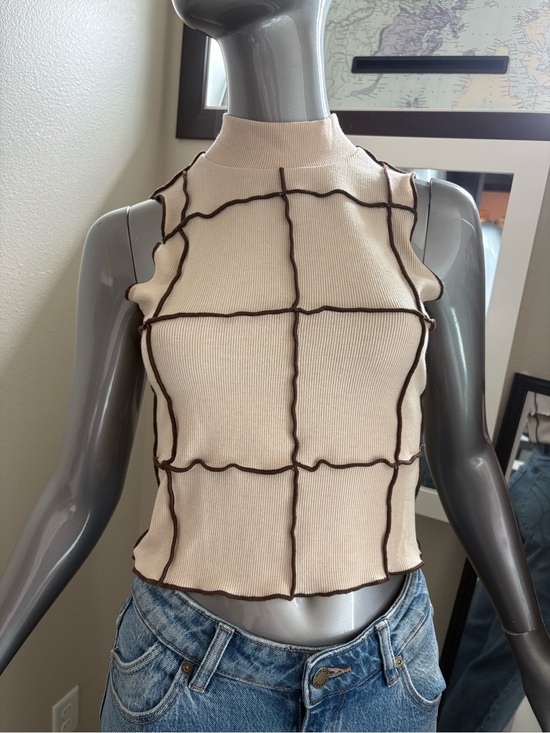 Pretty Garbage Tops - Mock Neck Cream Crop Top with Brown Grid Trim
